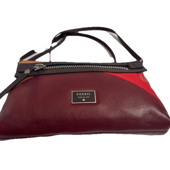 Fossil crossbody shoulderbag Leather Patchwork Burgundy Purse Organizer - Picture 3 of 11